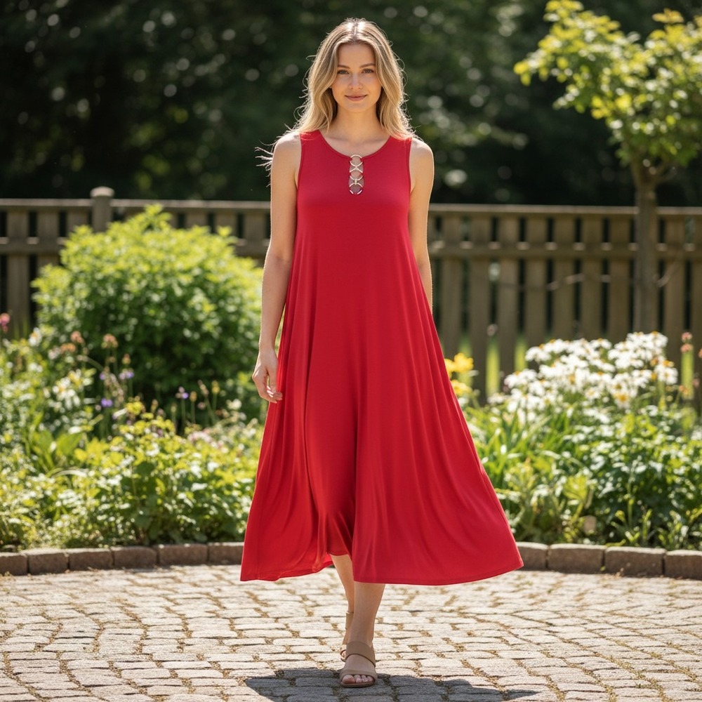 MSK Sleeveless Keyhole Midi Dress Size M Ring Hardware A-Line Red Stretch Jersey